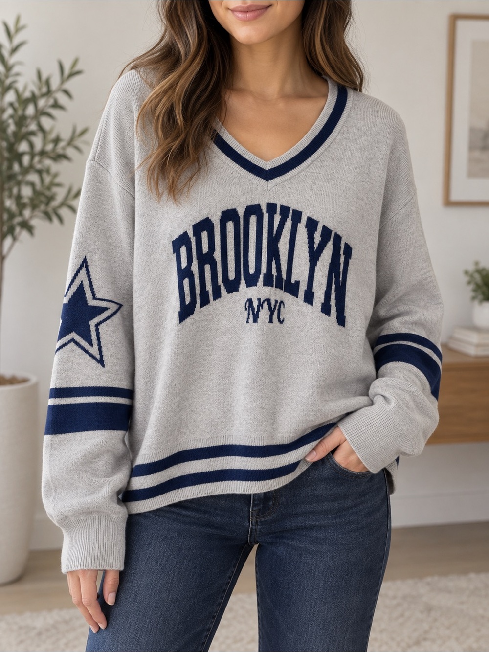 Forever 21 Grey V-Neck Sweater with Navy Brooklyn NYC Lettering